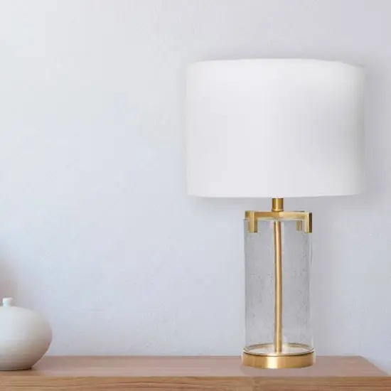 Hello Honey&reg; Glass & Metal Brushed Gold Lamp with White Linen Shade {3}
