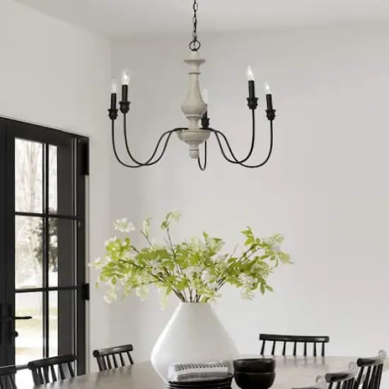 Hello Honey® Robert Stevenson Lighting Magnolia 25" Matte Black 5-Light White Washed Wood and Metal Chandelier {4}