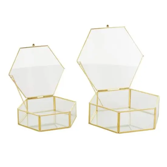 Clear & Gold Glass & Metal Hexagon Jewelry Box with Chain Accent Set {4}