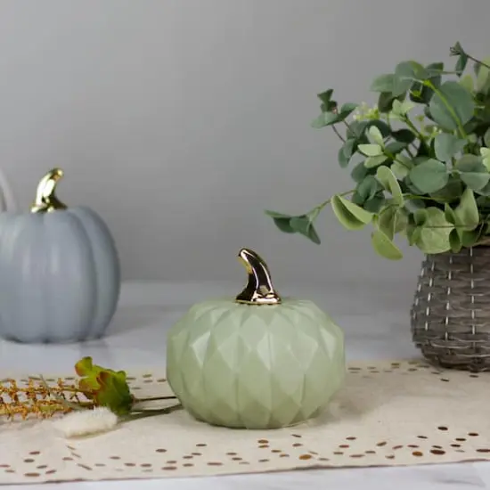 7" Green & Gold Fall Harvest Ceramic Pumpkin Decoration {3}
