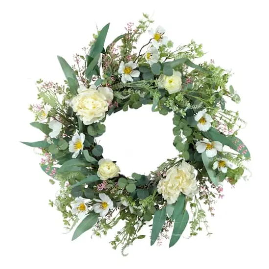 24" White Spring Peony & Dogwood Floral Wreath {1}