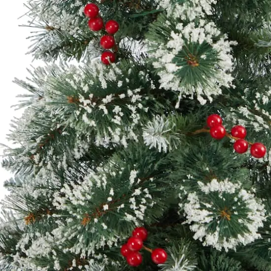 4ft. Pre-Lit Potted Frosted Swiss Pine Artificial Christmas Tree with Berries, Clear LED Lights {6}