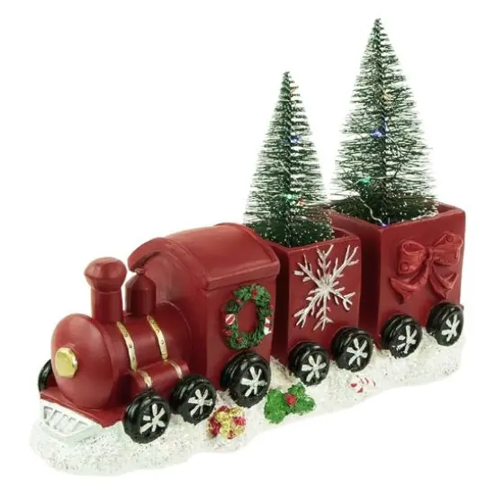12'' Red and Gold Christmas Train with LED Lighted Frosted Trees Tabletop Decoration {3}