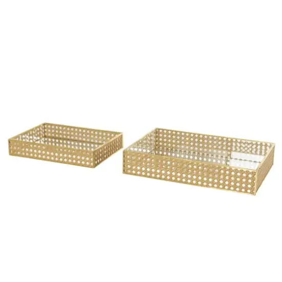 Brown Woven Rattan Tray Set with Mirrored Glass Interiors {1}