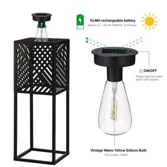 Glitzhome&reg; Black Metal Stripes Geometric Solar Powered Edison Bulb Outdoor Lantern Set {7}