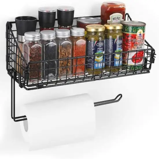 NEX&trade; 16" Black Wall Mounted Wire Basket Shelf & Paper Roll Holder {1}