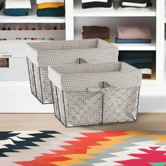 DII&reg; Medium Rustic Bronze Chicken Wire Baskets with Stone Gingham Liners, 2ct. {1}
