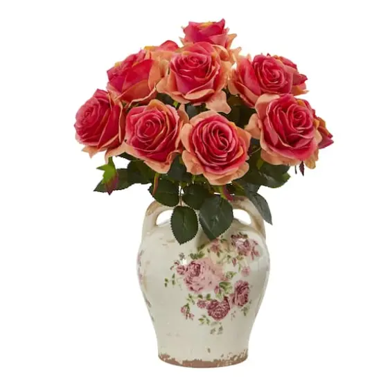Rose Artificial Arrangement in Flower Print Jar {1}