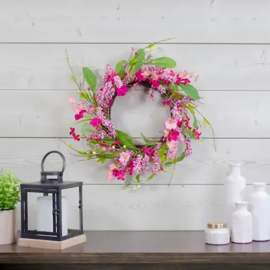 18" Pink Geranium & Berry Artificial Spring Floral Wreath {3}