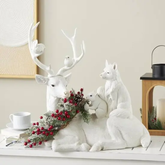 23" White Reindeer with Woodland Animals Sculpture {3}