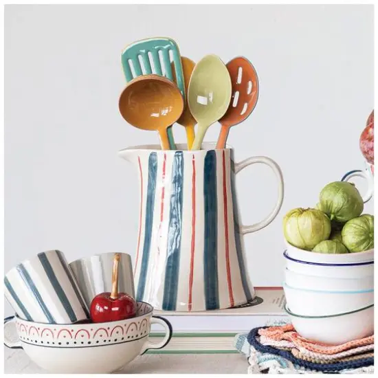 Hello Honey&reg; 8" Hand-Painted Wax Relief Multicolor Striped Stoneware Pitcher {3}