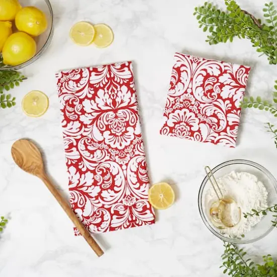 DII&reg; Red Damask Dishtowel (Set of 2) {5}