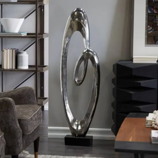 52" Aluminum Swirl Abstract Sculpture with Black Base Silver {3}
