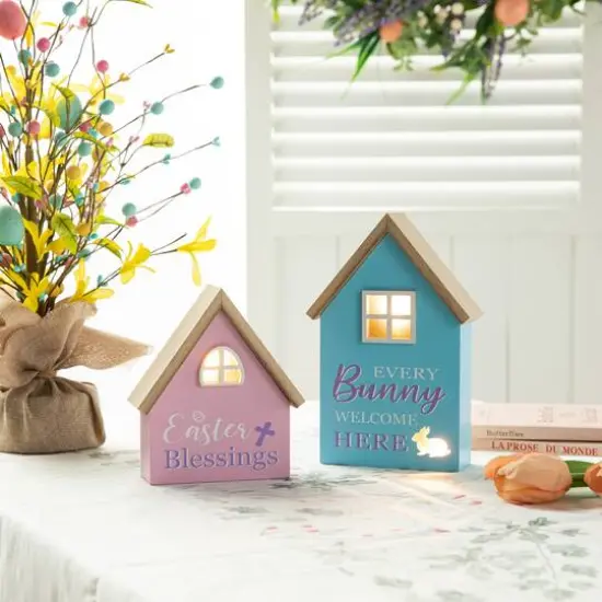 Glitzhome&reg; Lighted Easter Wooden House-Shaped Table D&eacute;cor Set {5}
