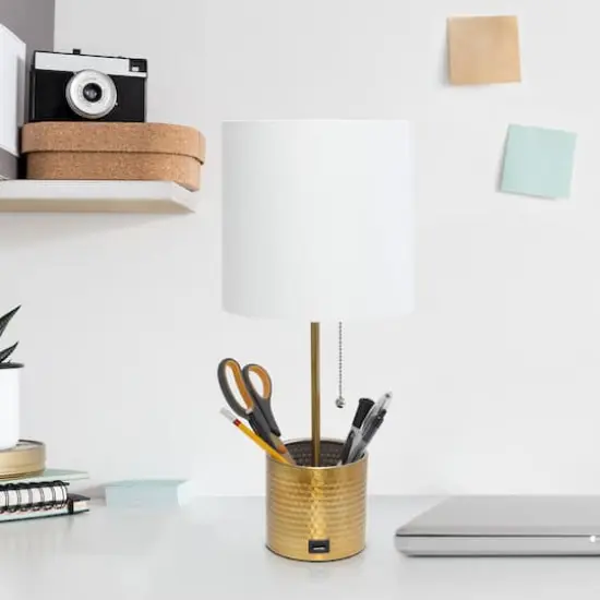 Simple Designs 18.5" Hammered Metal Container Base Table Lamp with USB Charging Port White/Gold {5}