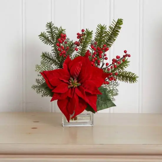 14" Potted Poinsettia, Pine & Berry Artificial Arrangement {4}