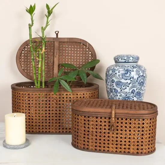 Hello Honey&reg; Modern Decorative Oval Woven Rattan Storage Box Set Dark Brown {5}