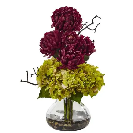 19" Burgundy Hydrangea & Green Mum in Vase {1}