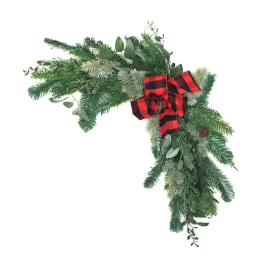 24" Mixed Pine, Leaves & Pinecone Corner Swags with Red Buffalo Check Bows, 2ct. {1}