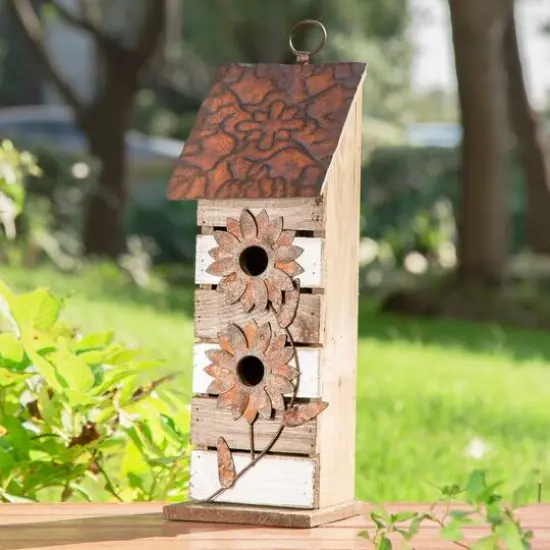 Glitzhome&reg; 14.5" Brown & White Pallet Distressed Birdhouse {4}