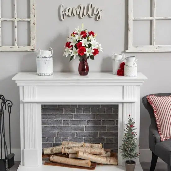 21" Red Roses & White Lilies Arrangement in Red Vase {3}