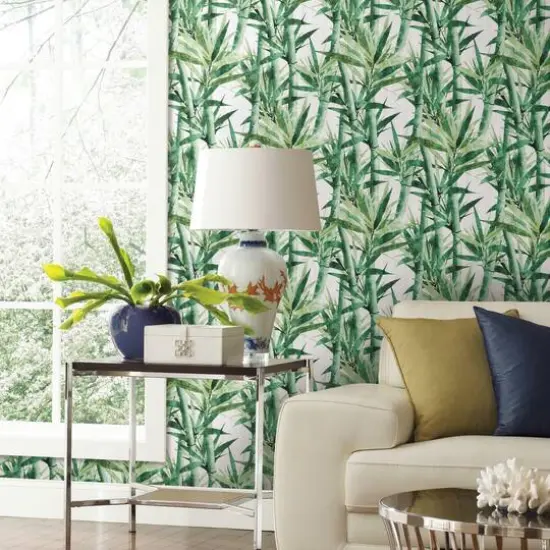 RoomMates Lucky Bamboo Peel & Stick Wallpaper Green/White {5}