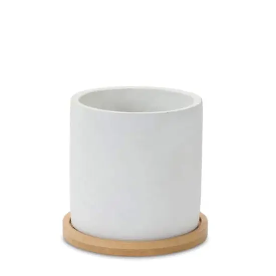 White Stone Planters with Wood Plates Set {4}