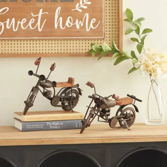 Brown Metal Contemporary Motorcycle Sculpture Set {10}