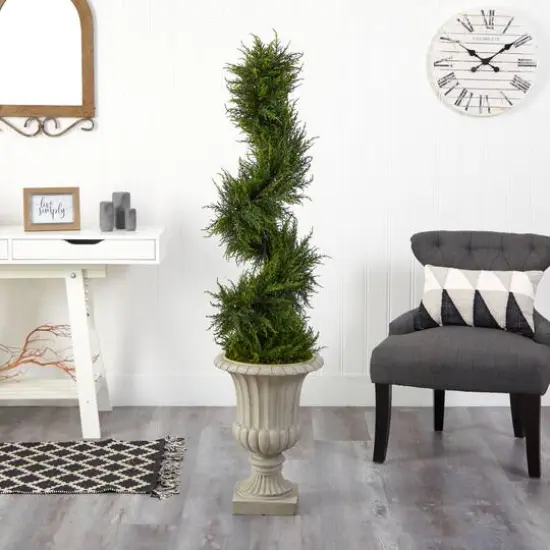 5ft. Pre-Lit Spiral Cypress Artificial Christmas Tree in Sand Finished Urn, Clear LED Lights {6}