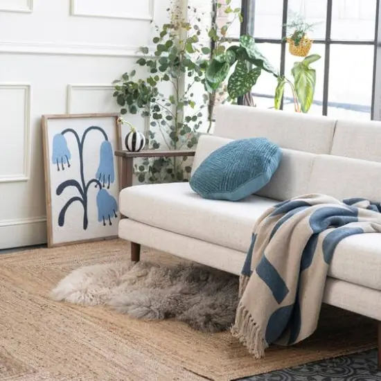 Hello Honey&reg; Blue & Beige Abstract Design Printed Woven Reclaimed Cotton Blend Throw Sheet with Fringe {3}