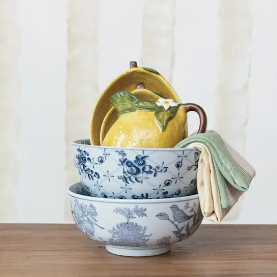 Hello Honey® 10" Blue & White Aviary Garden Stoneware Bowl {3}