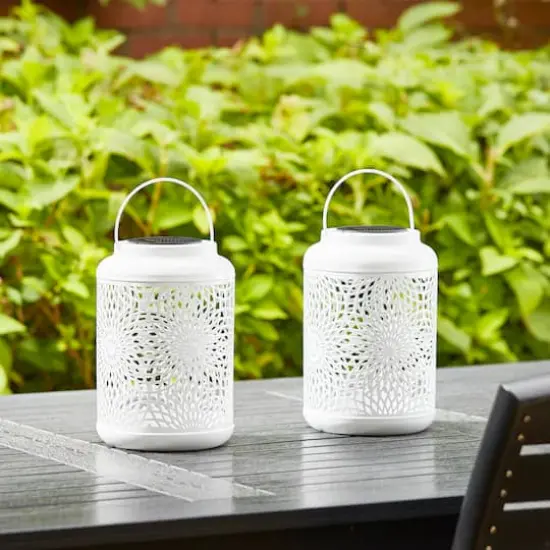 Glitzhome&reg; 8.75" Metal Cutout Solar Powered Hanging Lantern Set White {5}