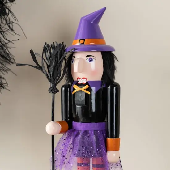 Glitzhome&reg; 18.5"H Halloween Wooden Witch Nutcracker with Witch Cat Ornament {5}
