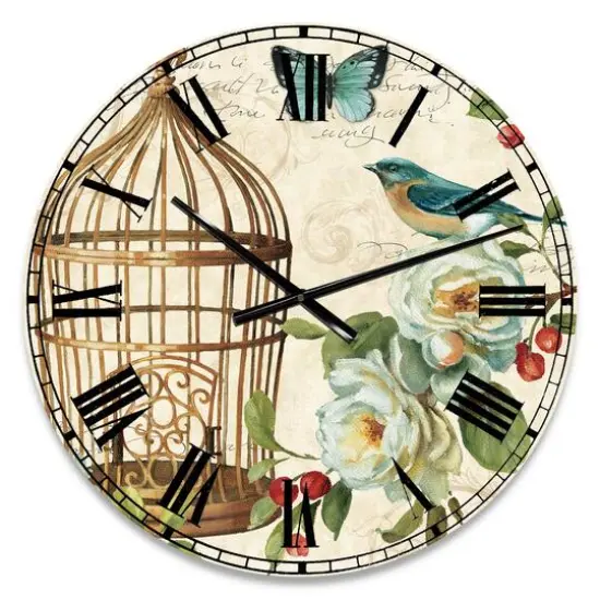 Designart Blue Cottage Bird, Birdcage & Apple Blossoms I Wall Clock {1}
