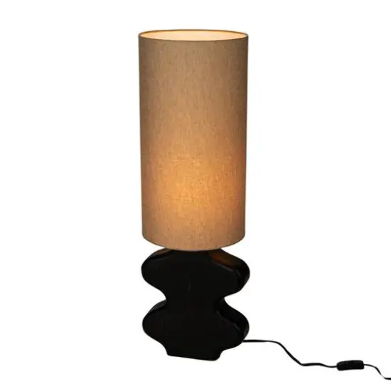 Hello Honey&reg; 2ft. Black & Natural Mango Wood Abstract Shaped Table Lamp with Cotton Shade & Inline Switch {12}