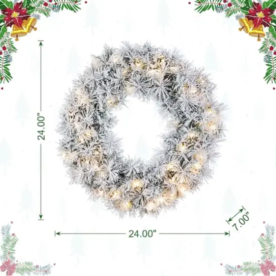 Glitzhome&reg; 24"D Pre-Lit Snow Flocked Greenery Pine Christmas Wreath, Multicolor LED Lights and Timer {9}
