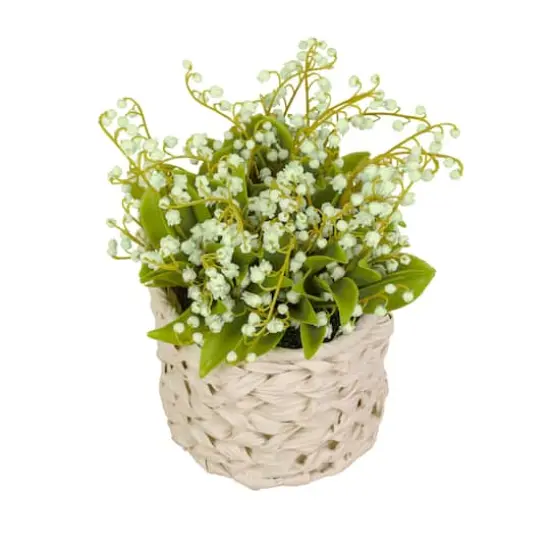 11" Lily-Of-The-Valley Flowers In White Basket Green {6}