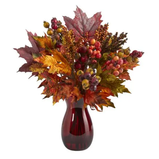 18in. Maple Leaf & Berries Arrangement in Ruby Vase {1}