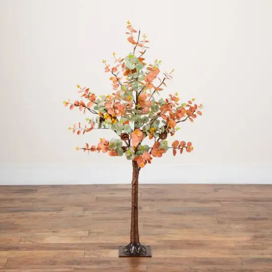 4ft. Pre-Lit Autumn Eucalyptus Artificial Fall Tree with Pinecones, Berries and 60 Warm White LED Lights {8}