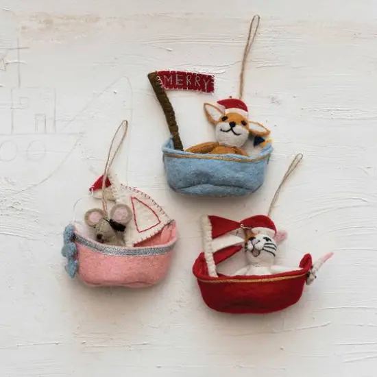 Hello Honey&reg; Handmade Wool Felt Animal in Sailboat Ornament Set with Applique & Embroidery {3}