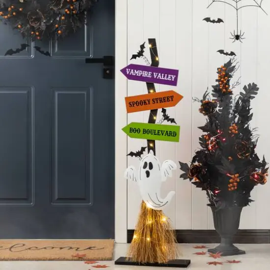 Glitzhome&reg; 41.75"H Lighted Halloween Wooden Ghost's Broom Porch Decor {3}
