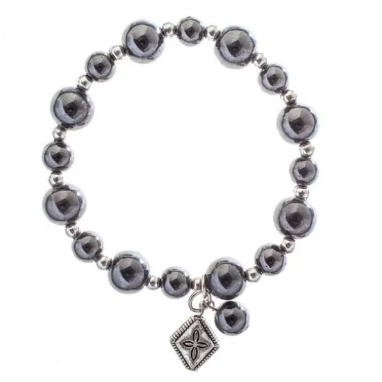 John Bead Hematite Gray Natural Stone Bracelet with Rhombus Charm {5}