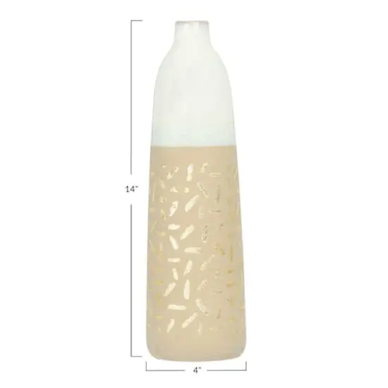 Hello Honey&reg; 14" Cream Stoneware Vase with Gold Pattern {7}
