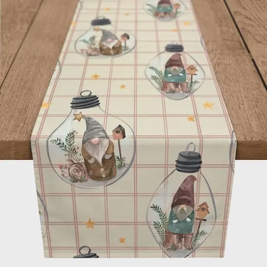 72" Cream & Red Check Gnome Globe Pattern Cotton Twill Runner {1}