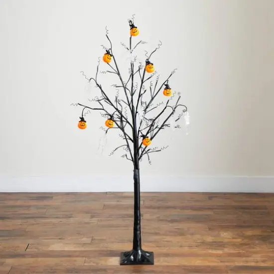 5ft. Pre-Lit Artificial Halloween Pumpkins and Skulls Ornament Tree with 72 Warm White LED Lights {9}