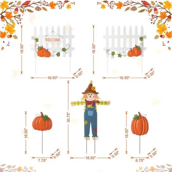 Glitzhome&reg; Fall Metal Scarecrow, Pumpkin & Fence Yard Stake Set {9}