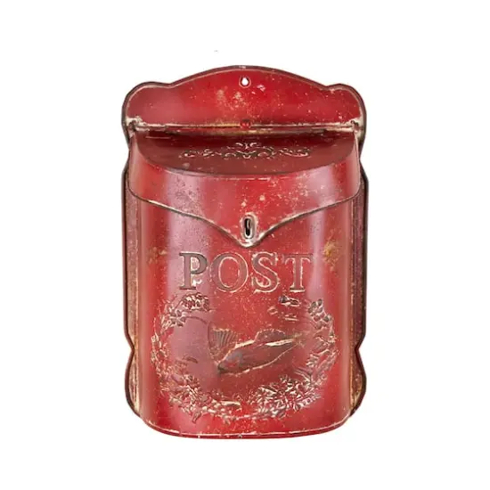 Hello Honey&reg; 15.5" Red Embossed Tin Post Letter Box with Distressed Finish Wall D&eacute;cor {1}