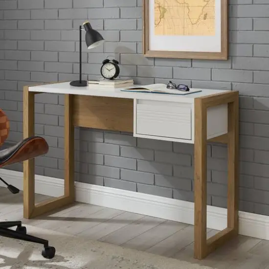 Walker Edison 46" English Oak/Solid White Fluted Drawer Writing Desk {5}