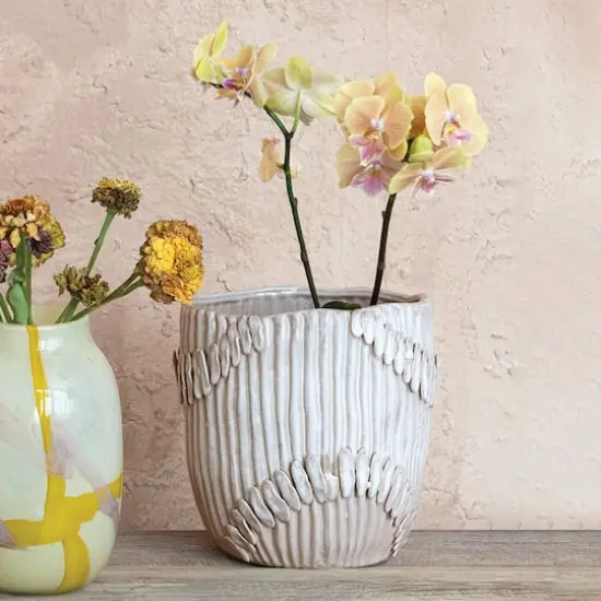 Hello Honey&reg; 9.25" Cream Pleated Handmade Stoneware Vase {3}
