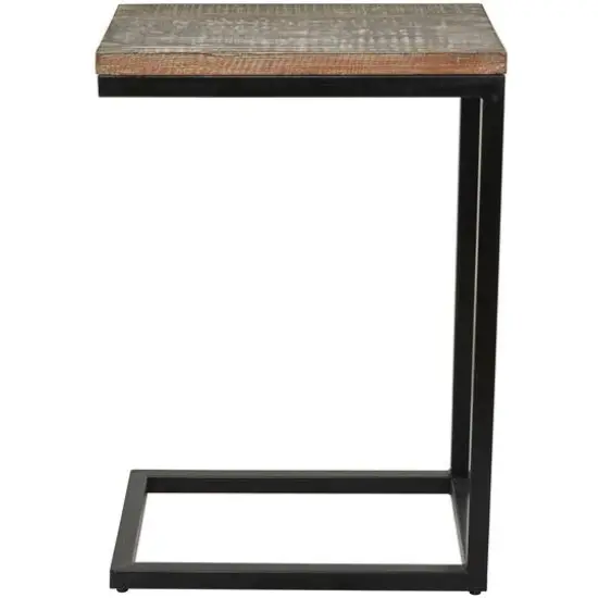 Brown Wood Distressed C-Shaped Accent Table with Black Metal Base 13" x 18" x 26" {3}